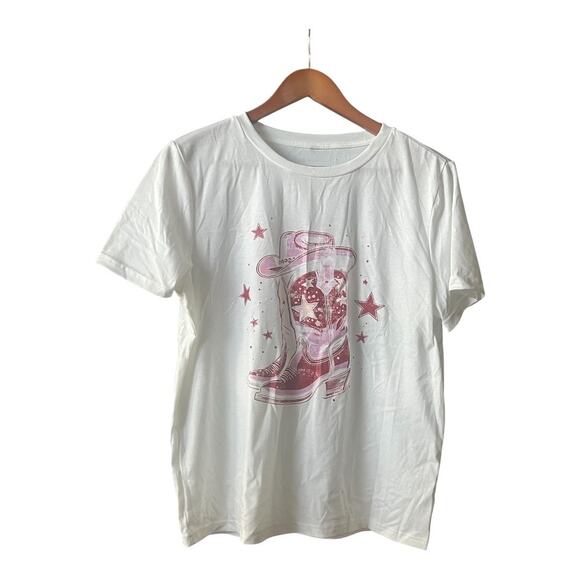 Pink Cowgirl Hat & Red Boots T'Shirt Ladies - Picture 1 of 3